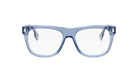 A pair of blue-tinted glasses with clear lenses, set against a white background.