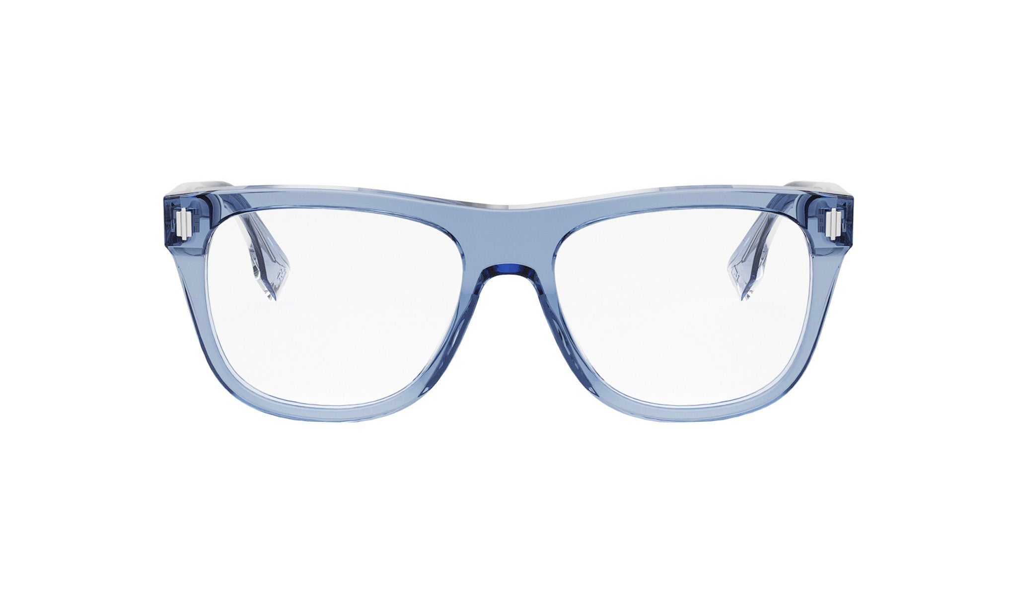 A pair of blue-tinted glasses with clear lenses, set against a white background.