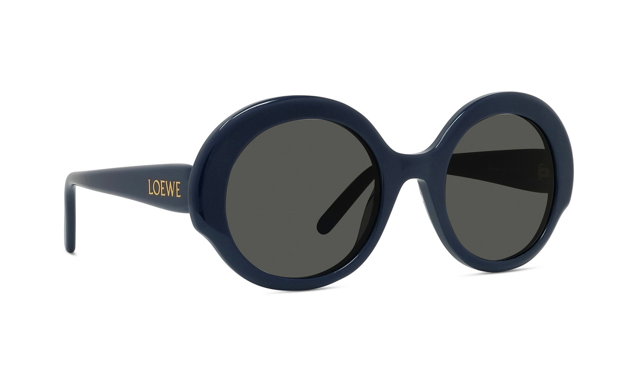 A pair of dark blue round sunglasses with the LEOVE brand name printed on the frame.