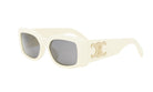 A pair of white sunglasses with a gold logo on the side.