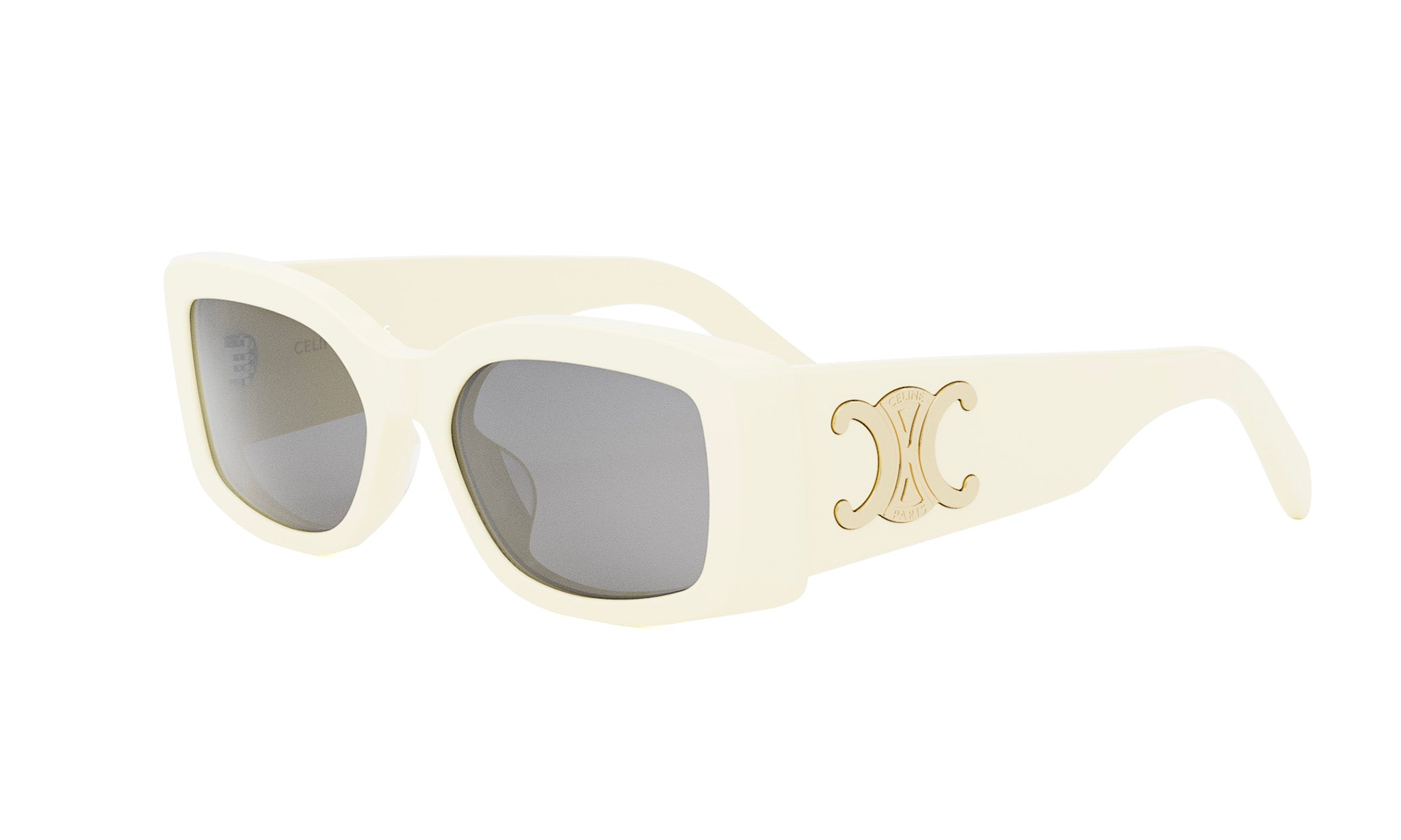 A pair of white sunglasses with a gold logo on the side.