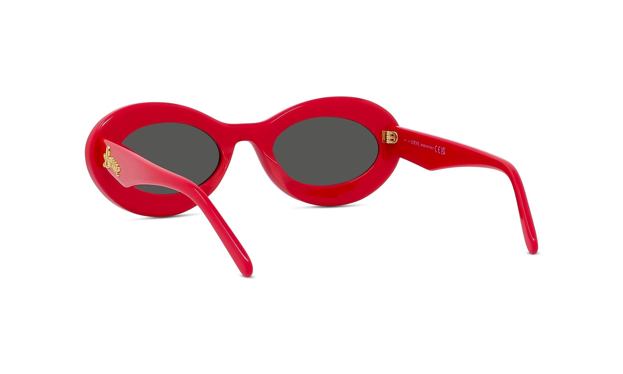 A pair of red, round sunglasses with dark lenses.