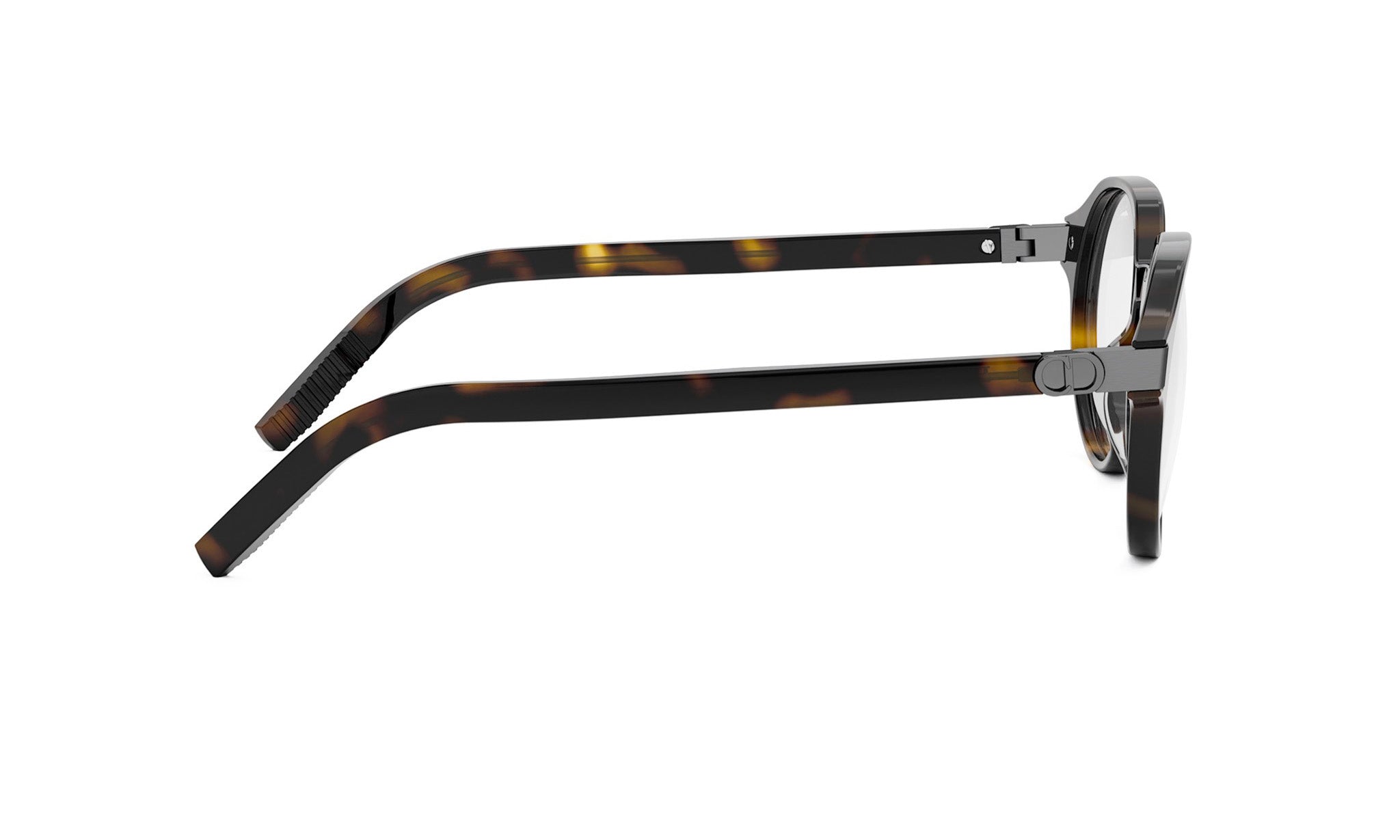 A pair of tortoiseshell-framed glasses with dark-colored temples and arms.