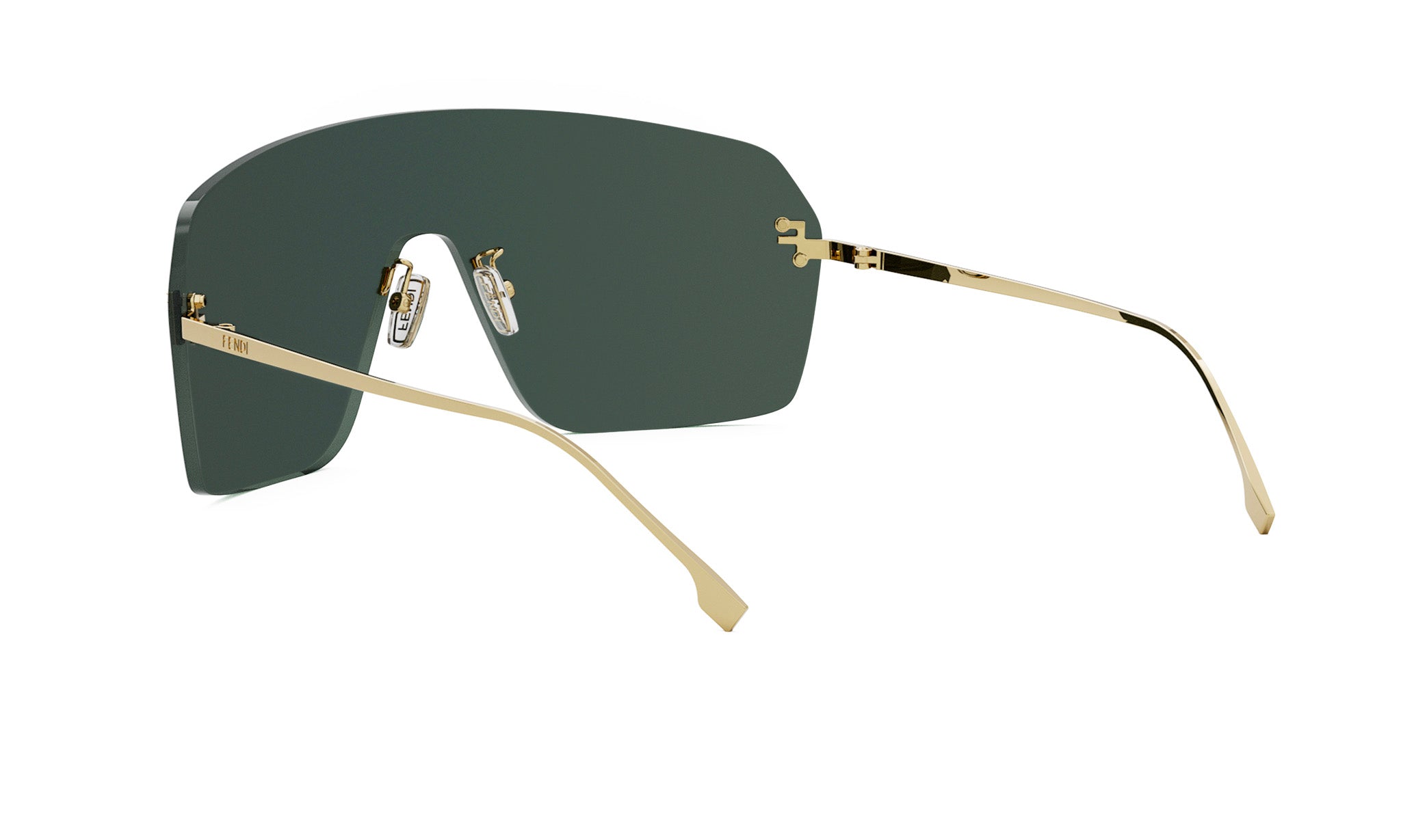 A pair of dark green-tinted sunglasses with gold-colored metal frames.