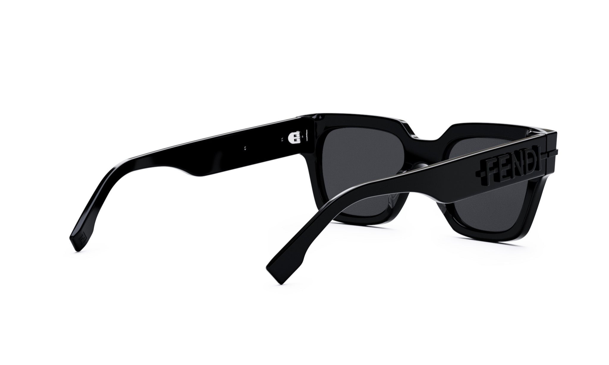 A pair of black sunglasses with the Fendi logo on the frame.