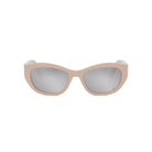 A pair of tan-colored sunglasses with a mirrored lens design.