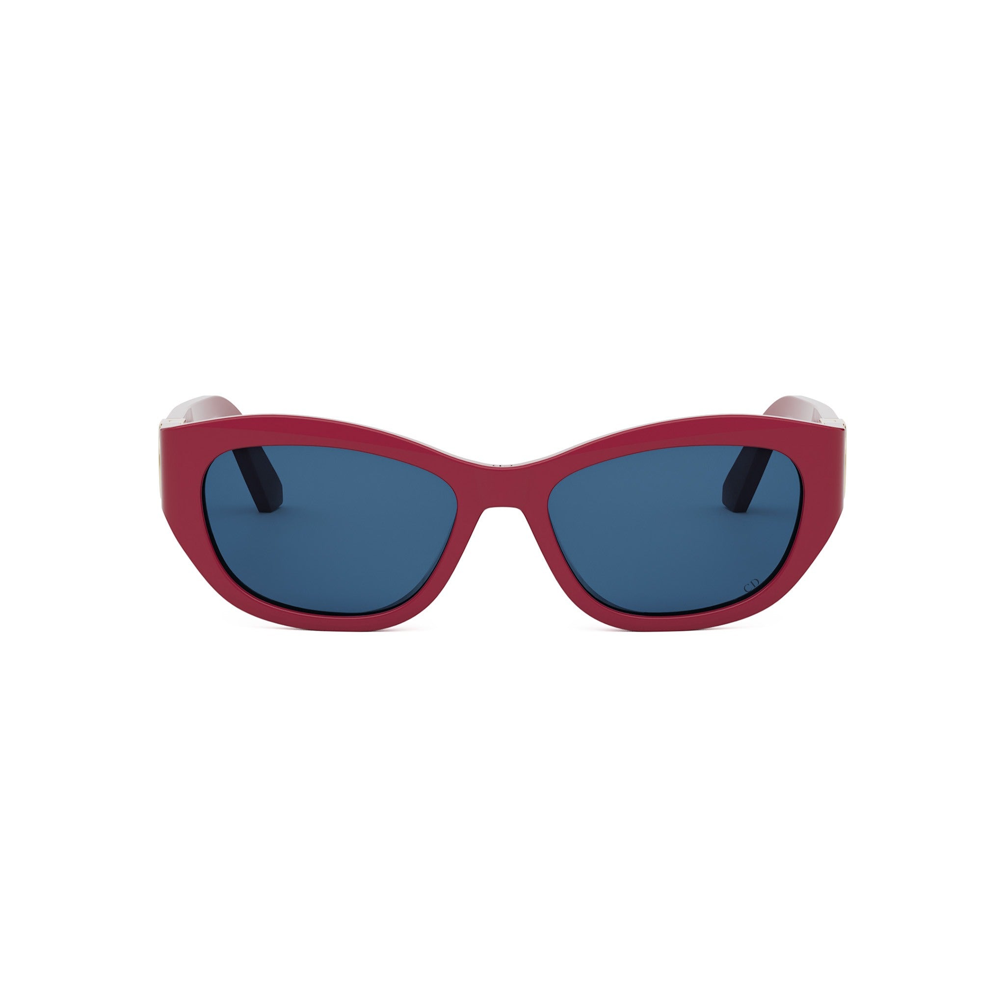 A pair of red cat-eye sunglasses with dark blue lenses.