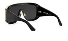 A pair of black sunglasses with gold accents, featuring the Dior logo on the frame.