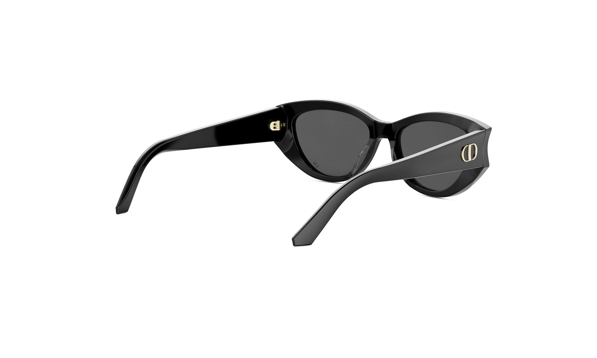 A pair of black cat-eye sunglasses with a gold-colored logo on the frame.