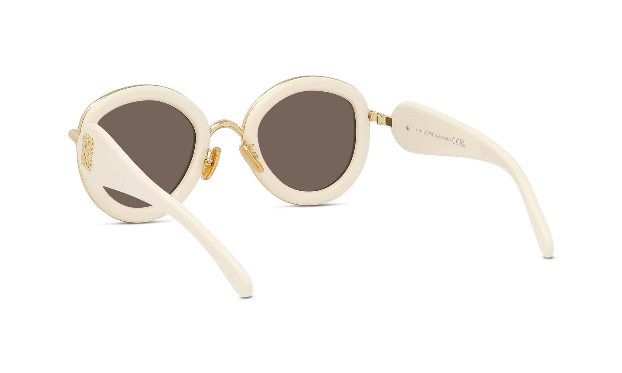 A pair of white, round sunglasses with dark lenses.