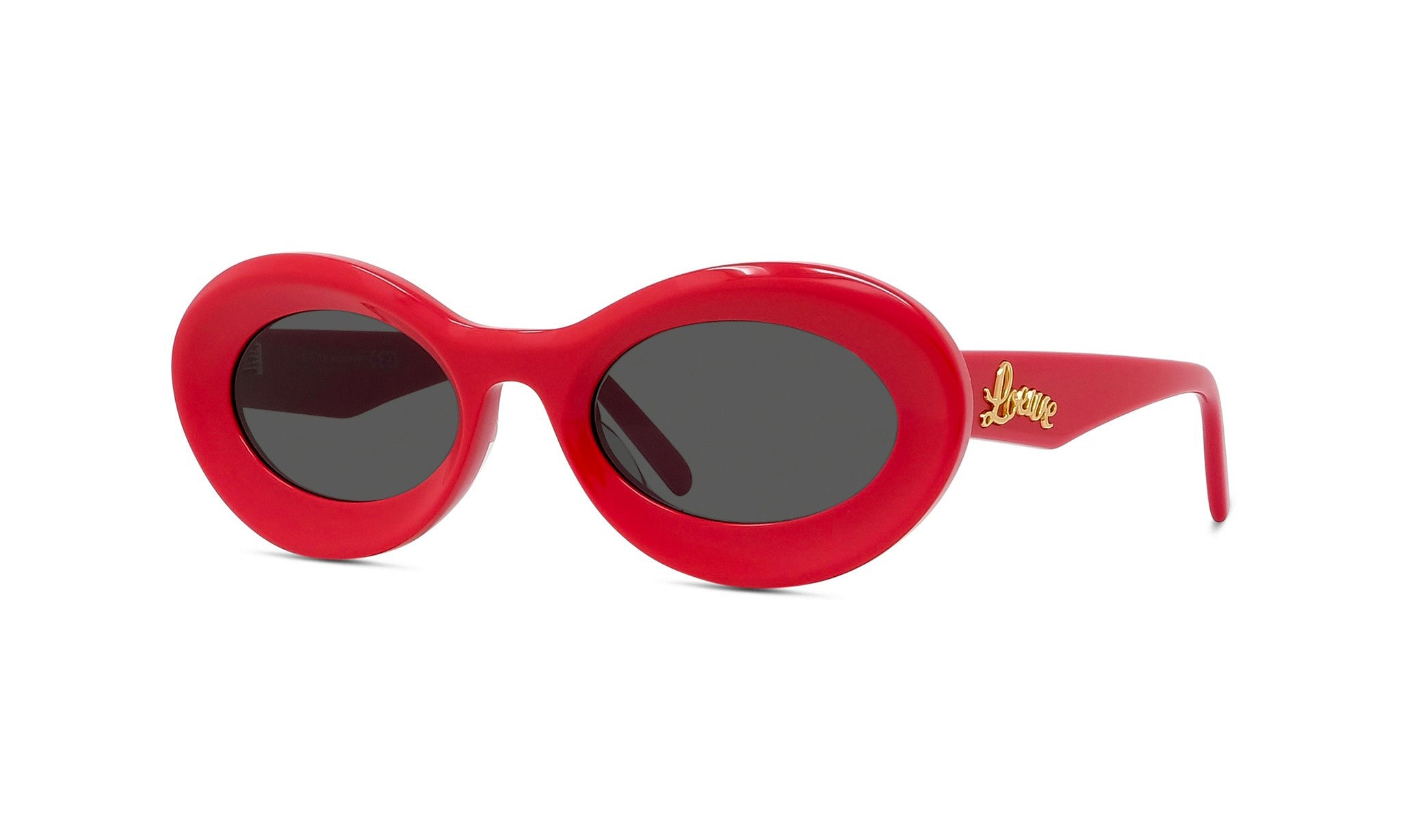A pair of red, oval-shaped sunglasses with dark lenses.