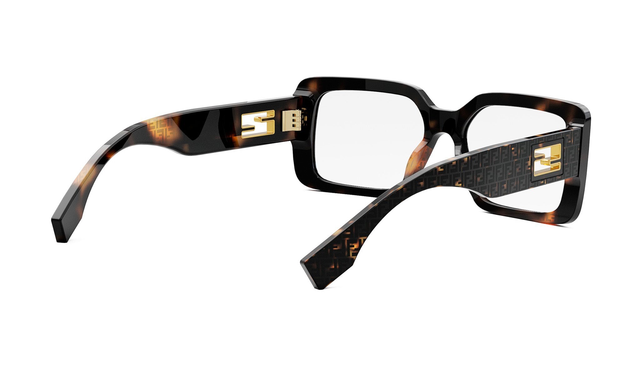 A pair of stylish, square-framed glasses with a dark frame and gold accents.