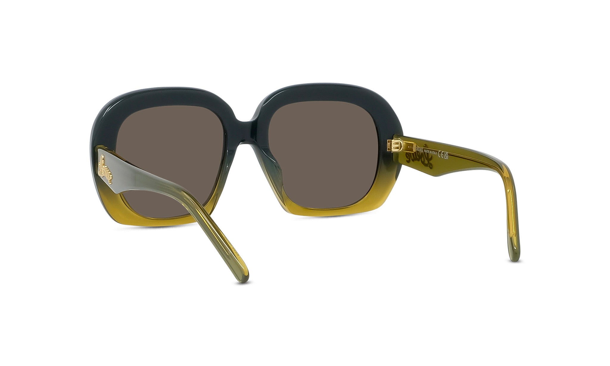 A pair of stylish sunglasses with a dark frame and gold-toned temples.