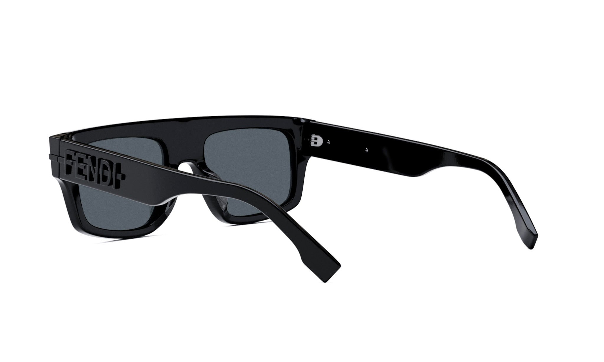 A pair of black sunglasses with the Fendi logo on the frame.