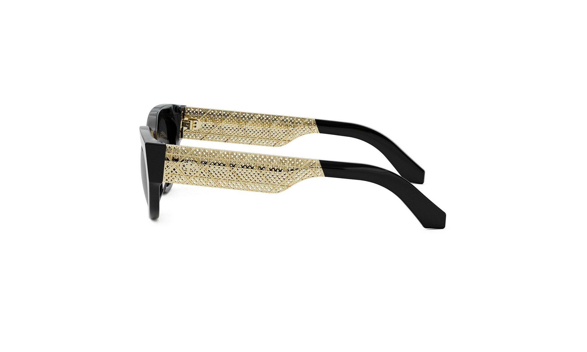 A pair of black sunglasses with gold-colored metal accents.