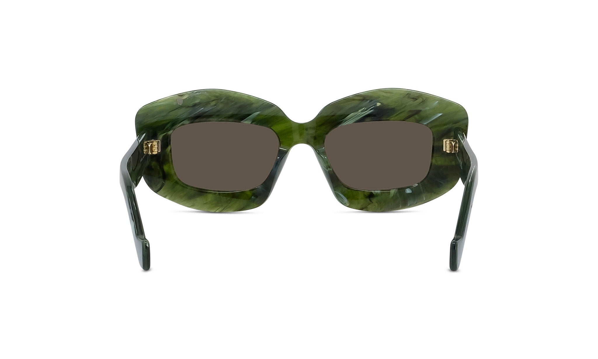 A pair of green-tinted sunglasses with dark lenses, featuring a unique, organic-looking frame.