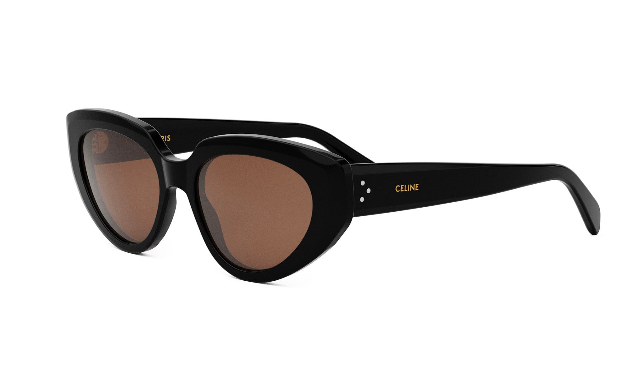 A pair of black cat-eye sunglasses with brown lenses.