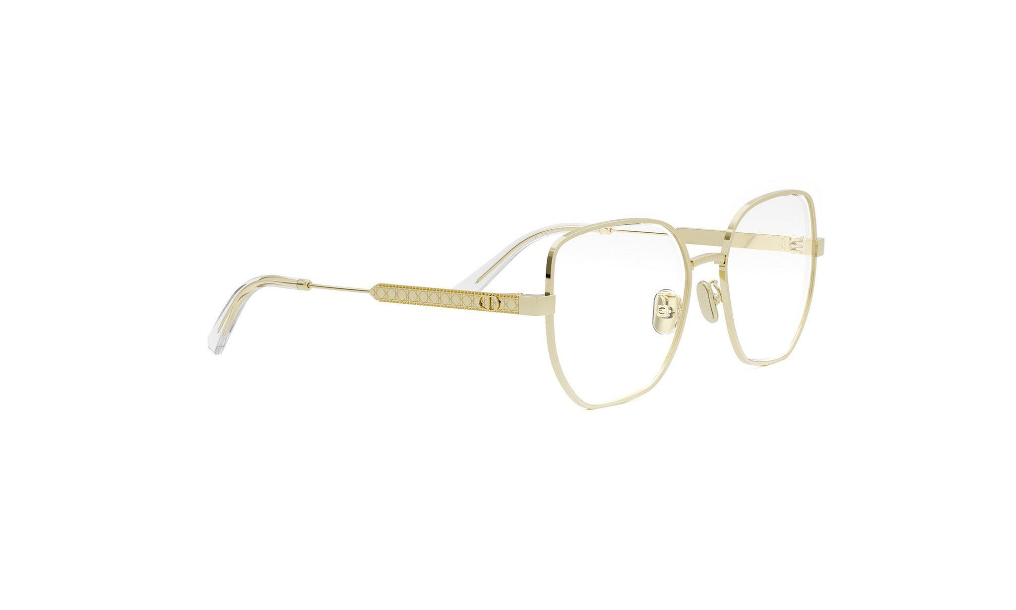 A pair of gold-colored, rectangular-framed glasses with a clear lens.