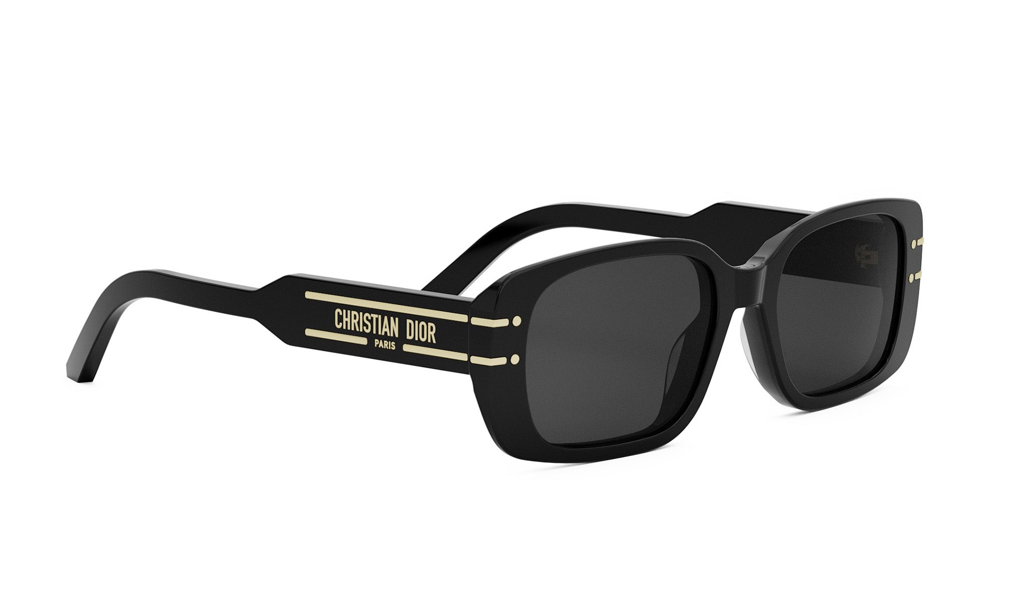 A pair of black Christian Dior sunglasses with dark lenses.