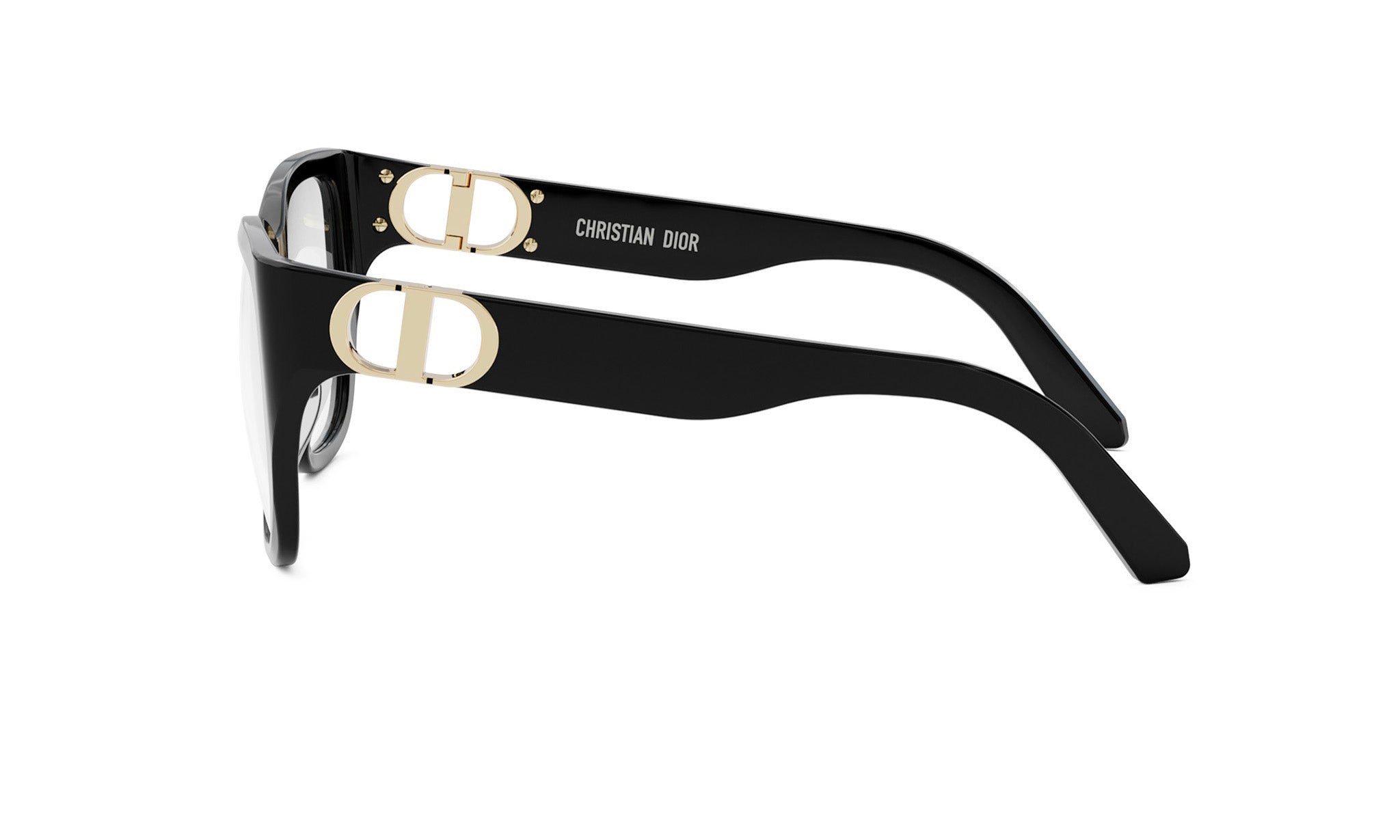 A pair of black Christian Dior sunglasses with gold accents.
