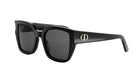 A pair of black sunglasses with a gold Dior logo on the frame.