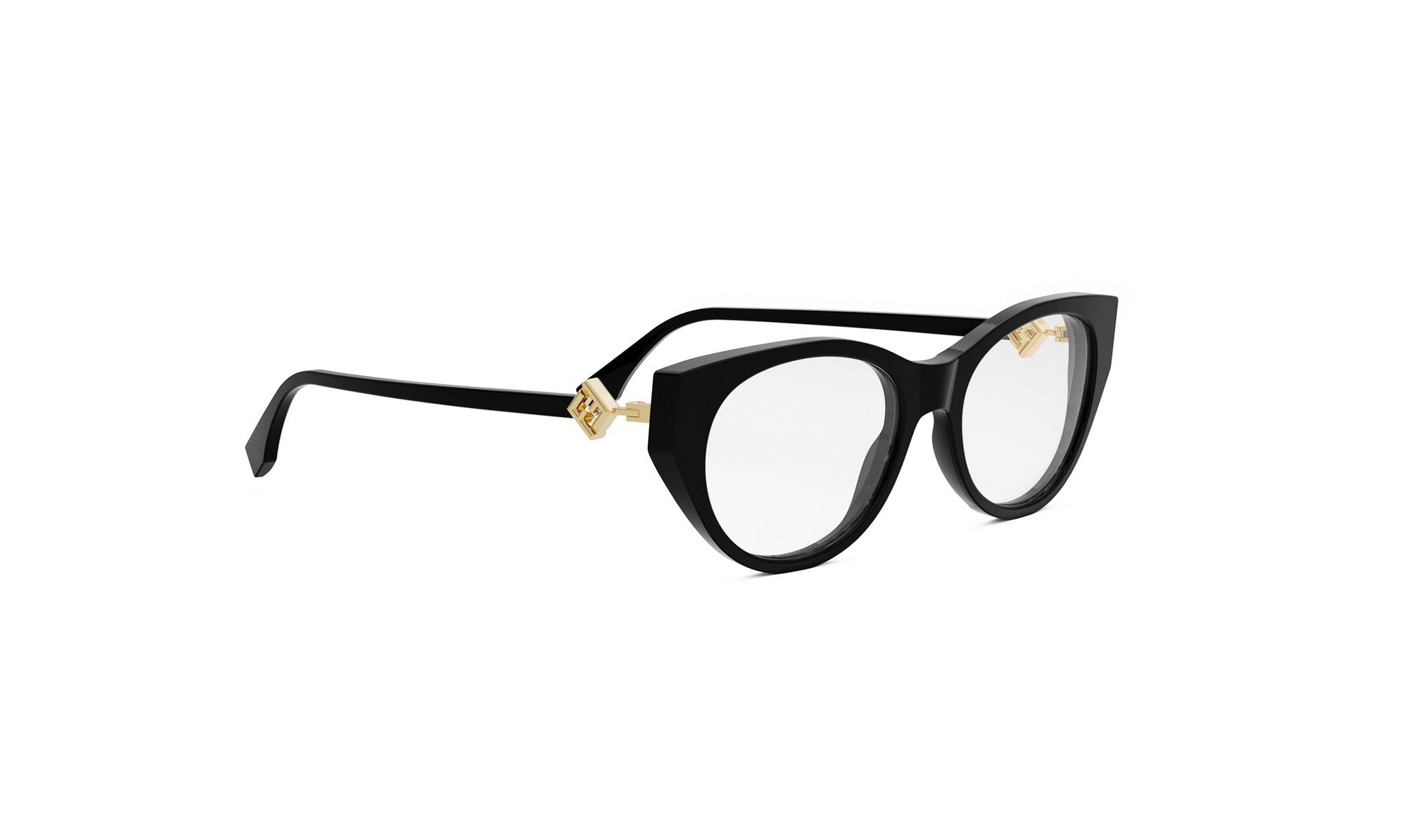 A pair of black cat-eye framed glasses with gold accents.