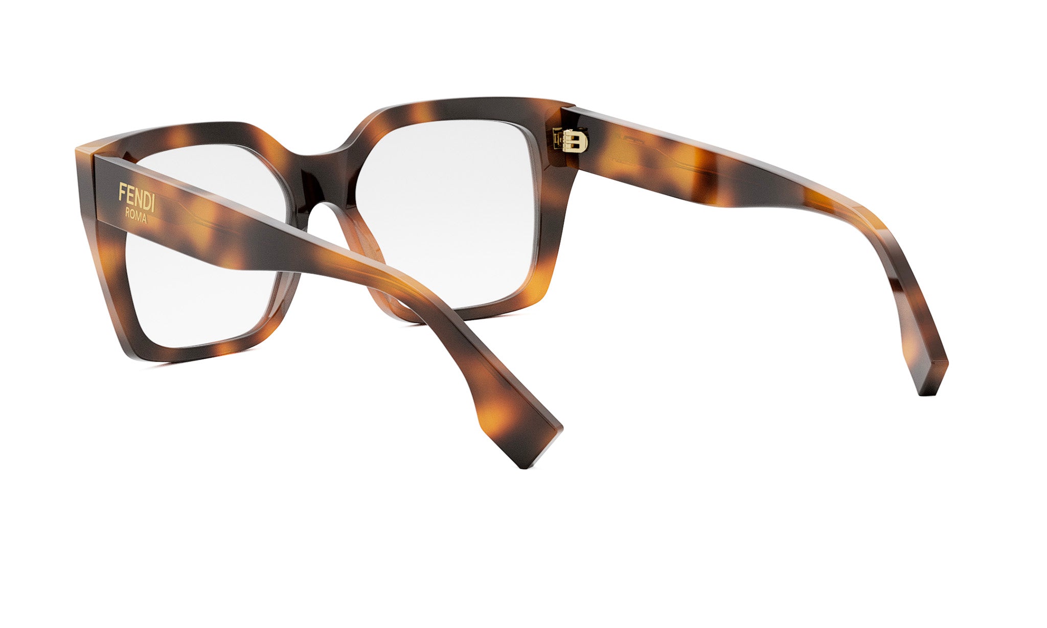 A pair of tortoiseshell-framed glasses with a dark brown frame and a gold-colored logo on the temple.