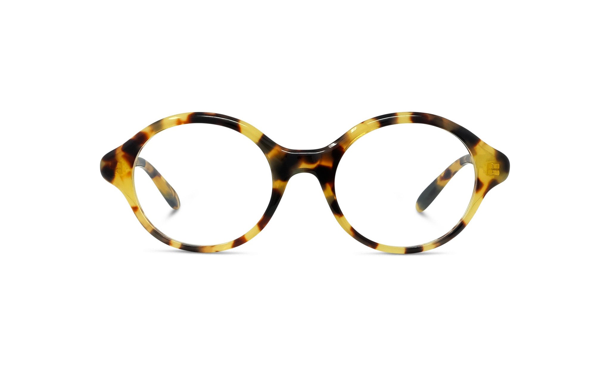 A pair of tortoiseshell-framed glasses with a yellow and black color scheme.