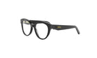A pair of black cat-eye framed glasses with gold accents.