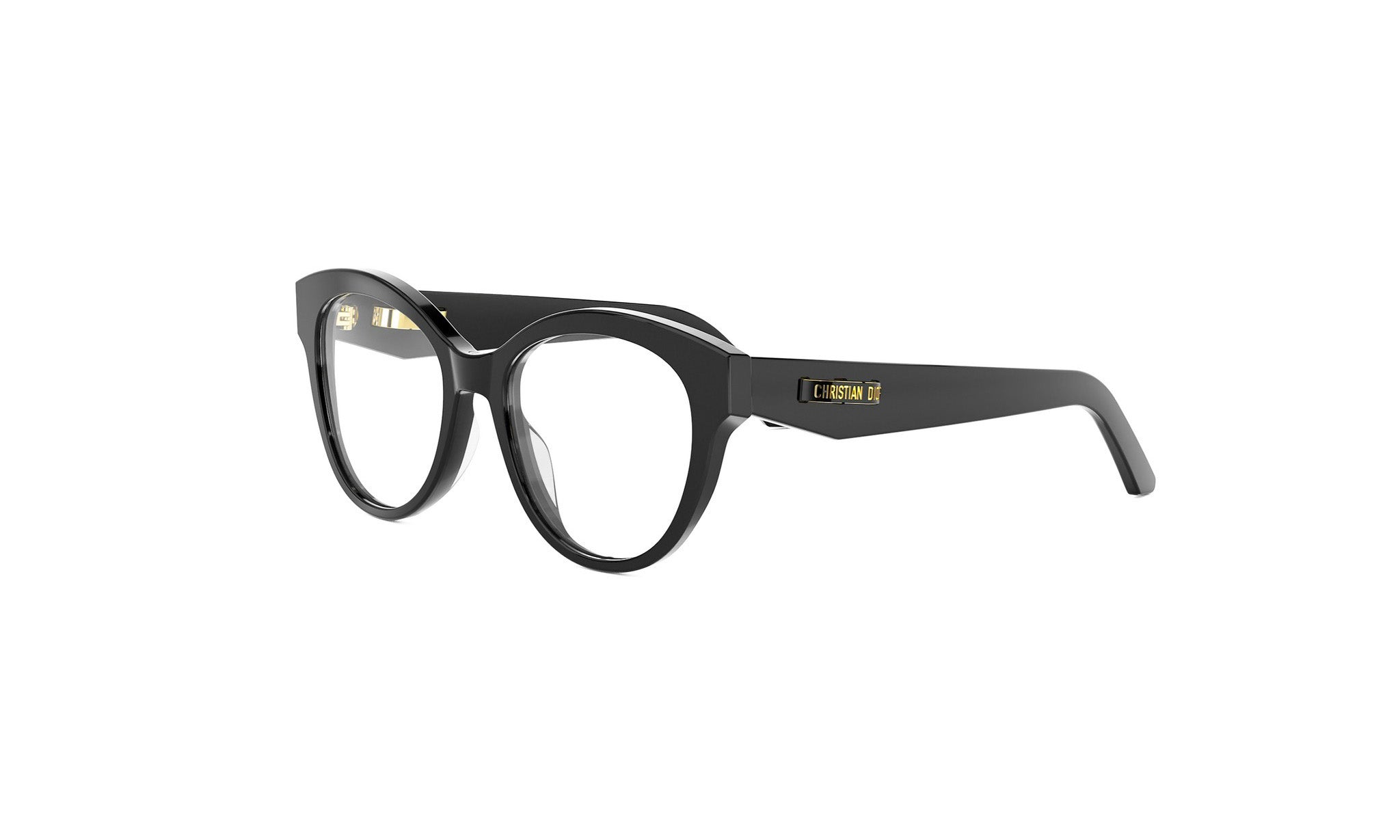 A pair of black cat-eye framed glasses with gold accents.