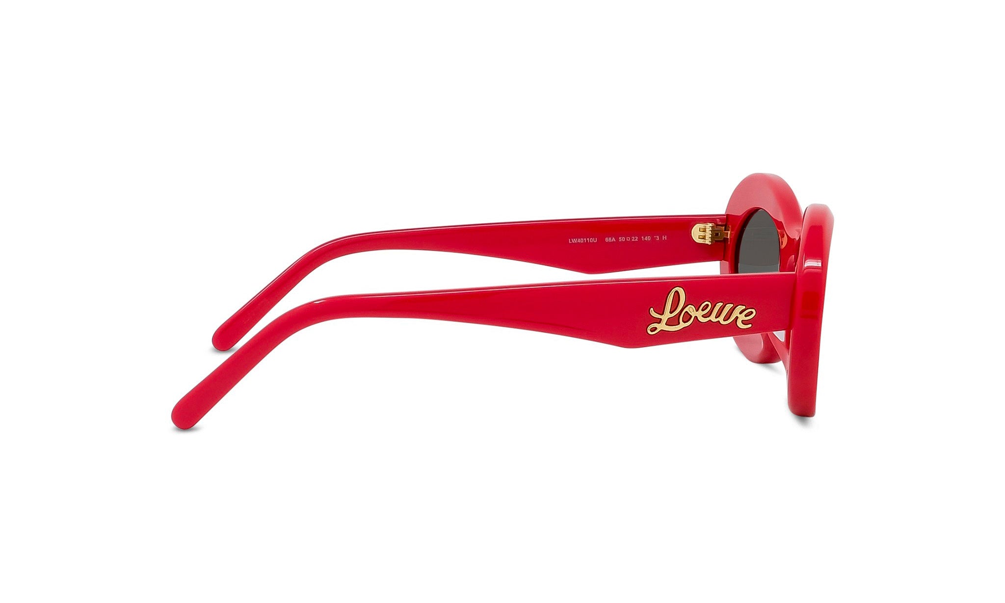 A pair of red sunglasses with gold text on the frame.