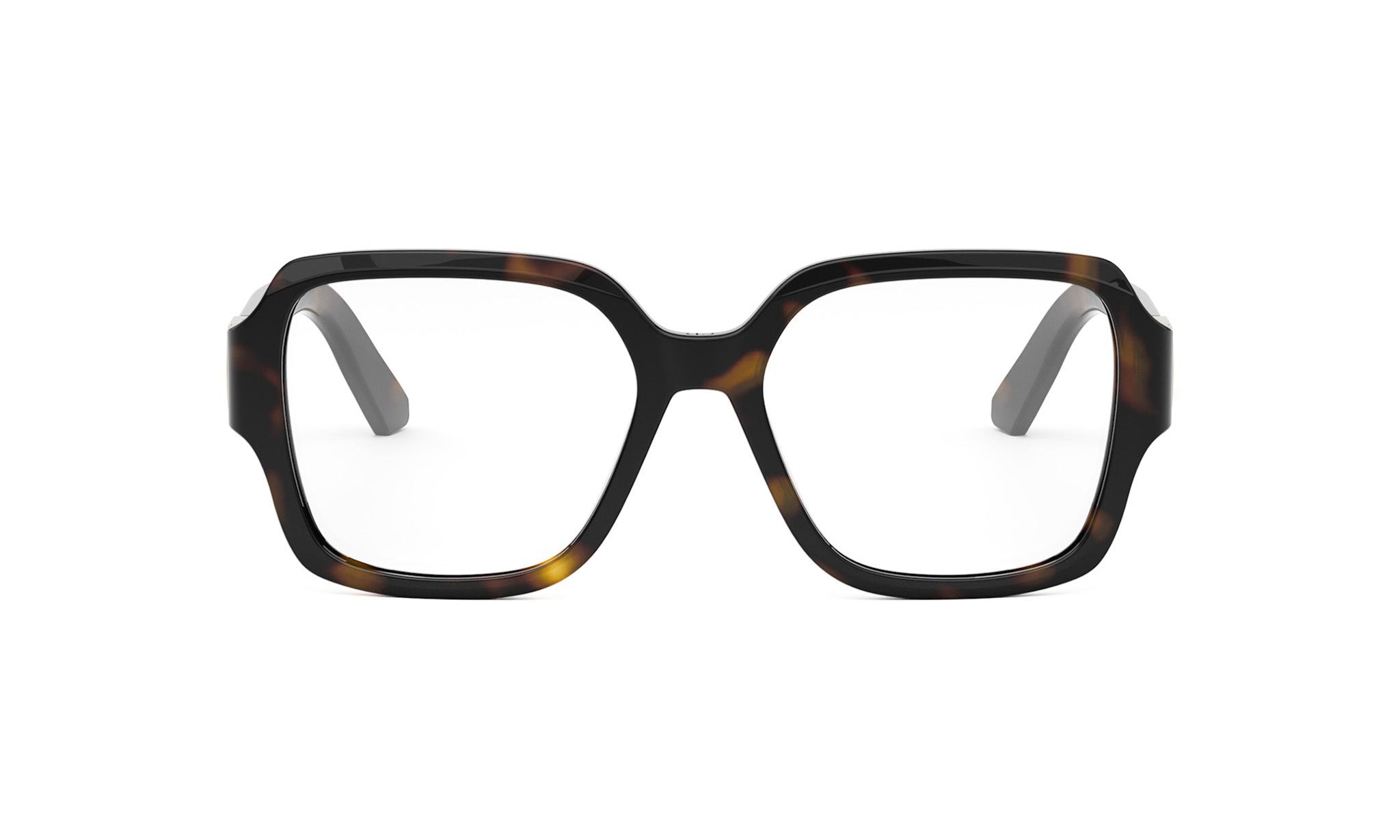 A pair of tortoiseshell-framed glasses with a dark frame and clear lenses.