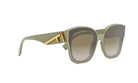 A pair of stylish sunglasses with a gold-colored frame and dark lenses.