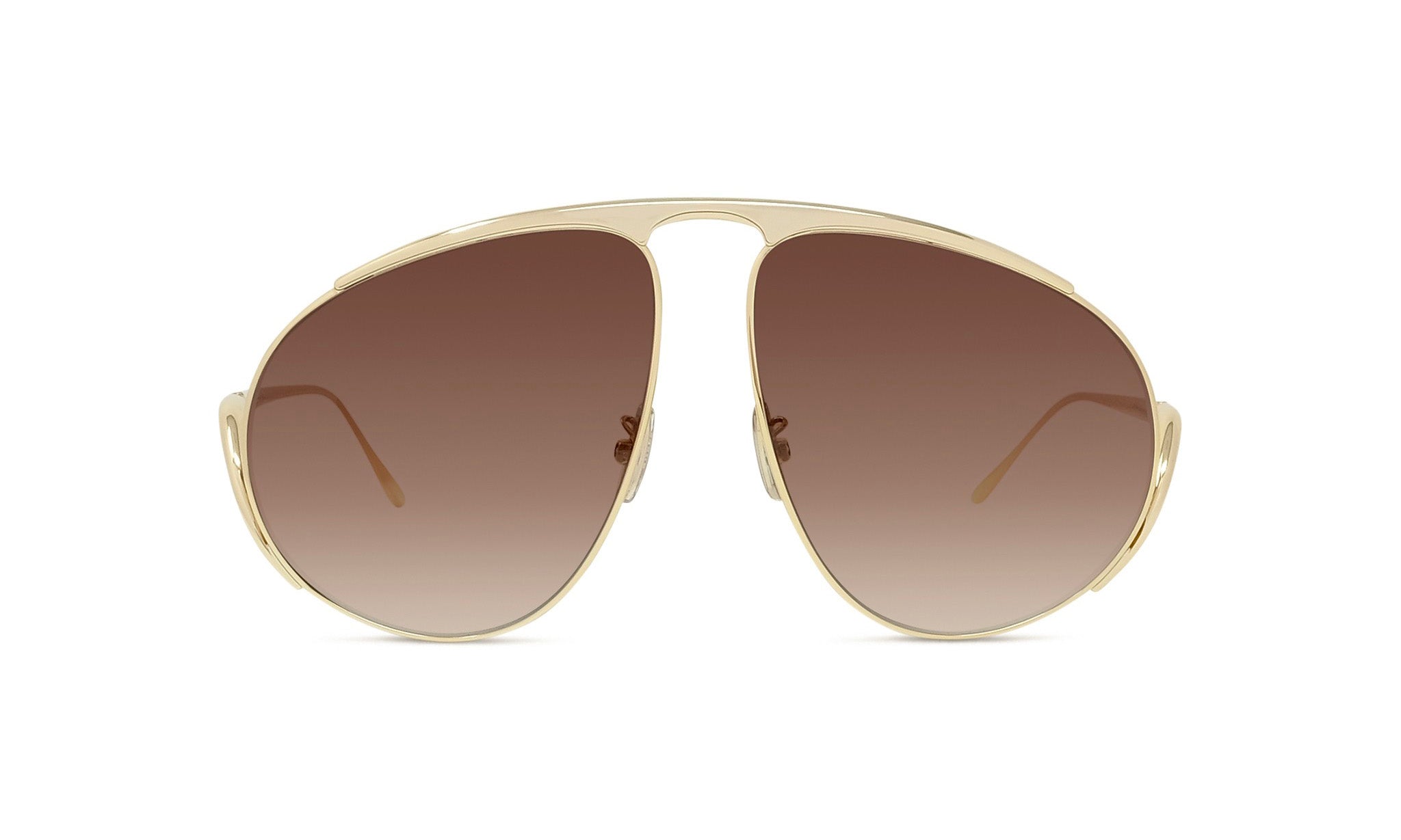A pair of gold-colored sunglasses with a distinctive design.