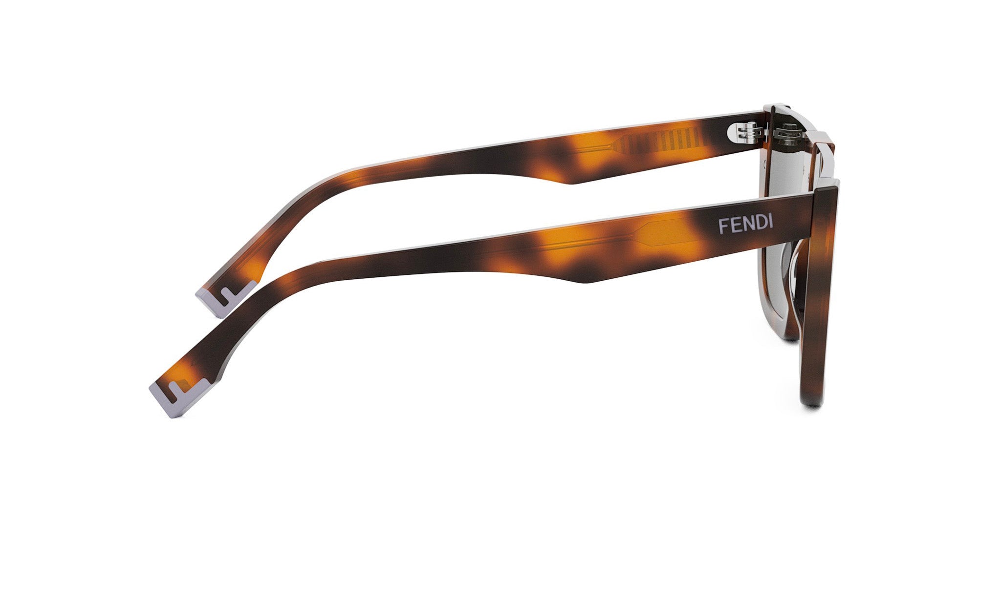 A pair of sunglasses with a tortoiseshell frame and the Fendi logo on the temples.