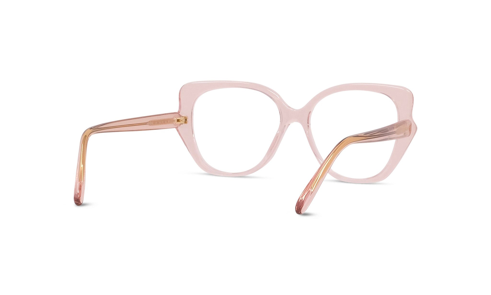 A pair of pink-framed glasses with clear lenses, positioned facing forward.