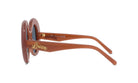 A pair of brown sunglasses with the LESS THAN 500 characters logo on the frame.