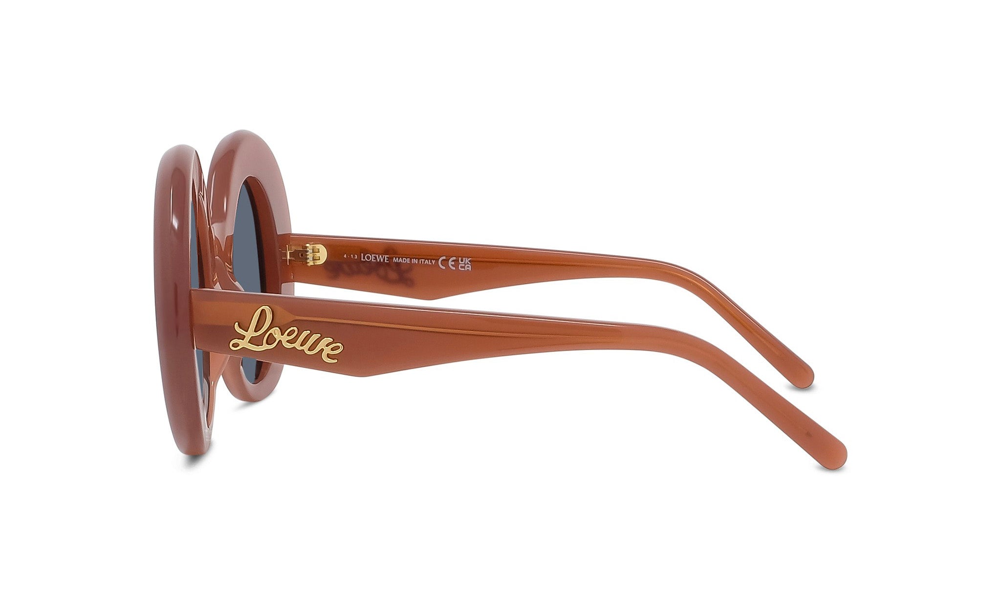 A pair of brown sunglasses with the LESS THAN 500 characters logo on the frame.