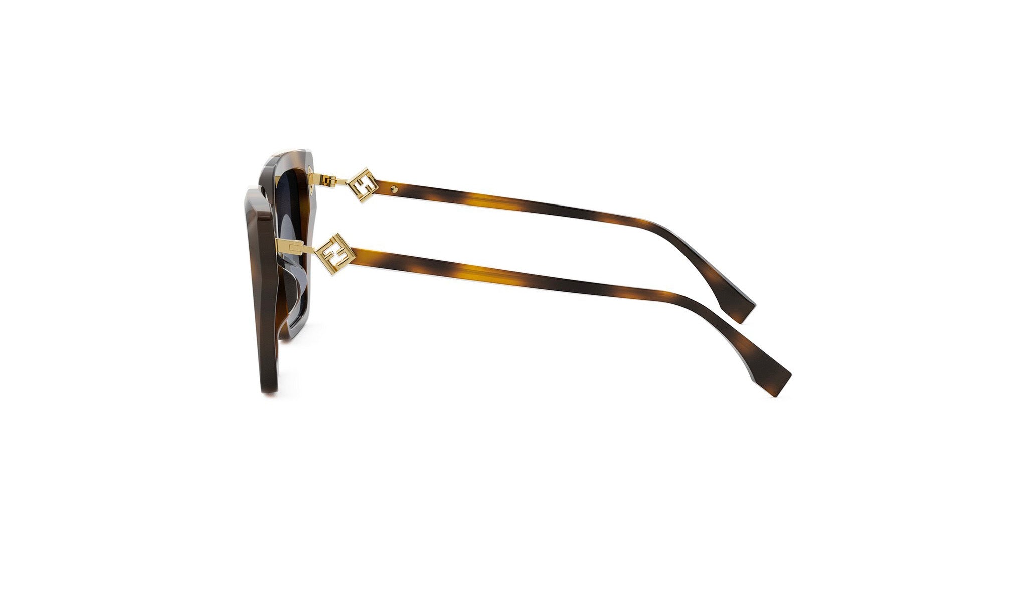 A pair of brown sunglasses with gold accents, positioned side by side against a white background.