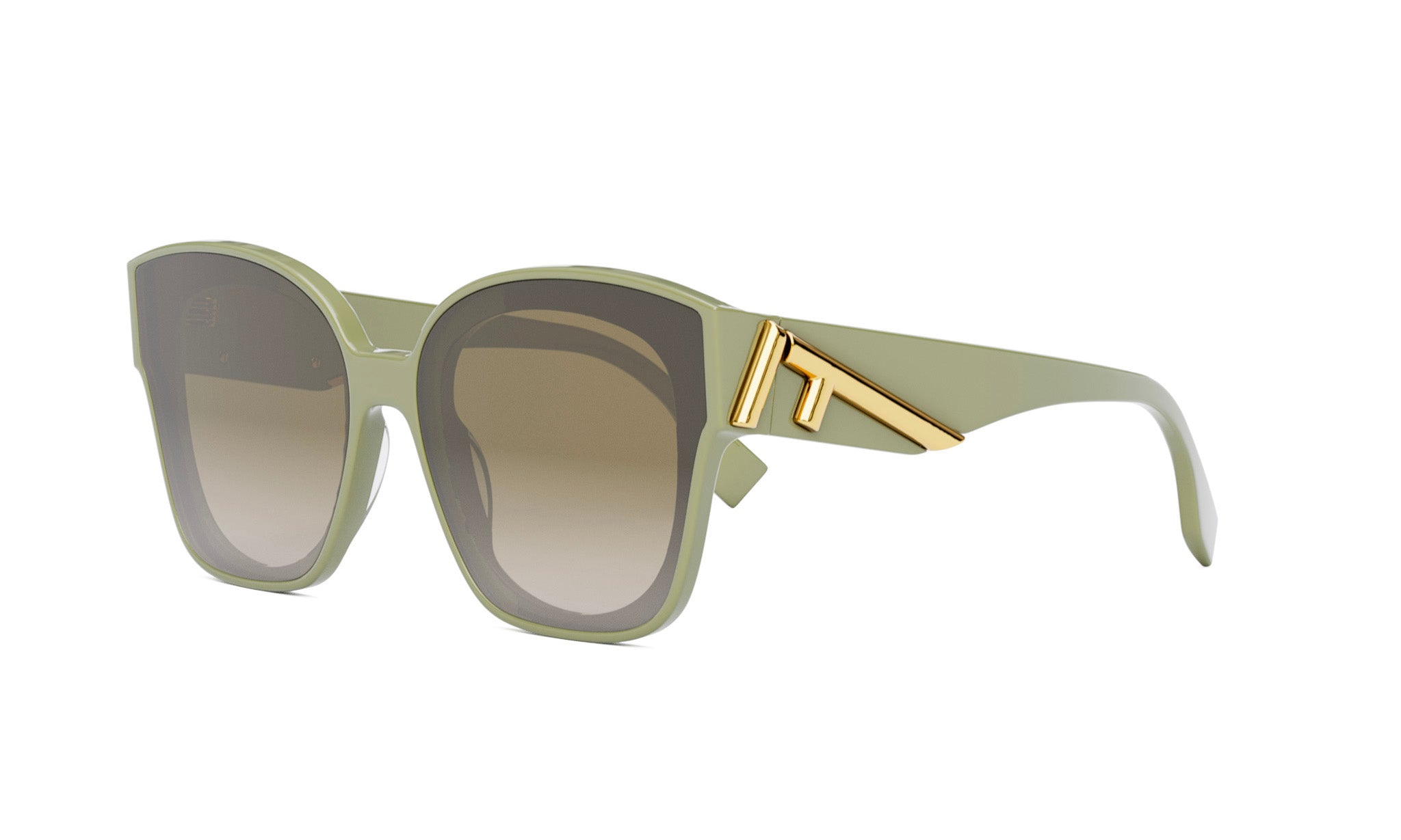 A pair of stylish sunglasses with a gold-colored frame and a distinctive logo on the side.
