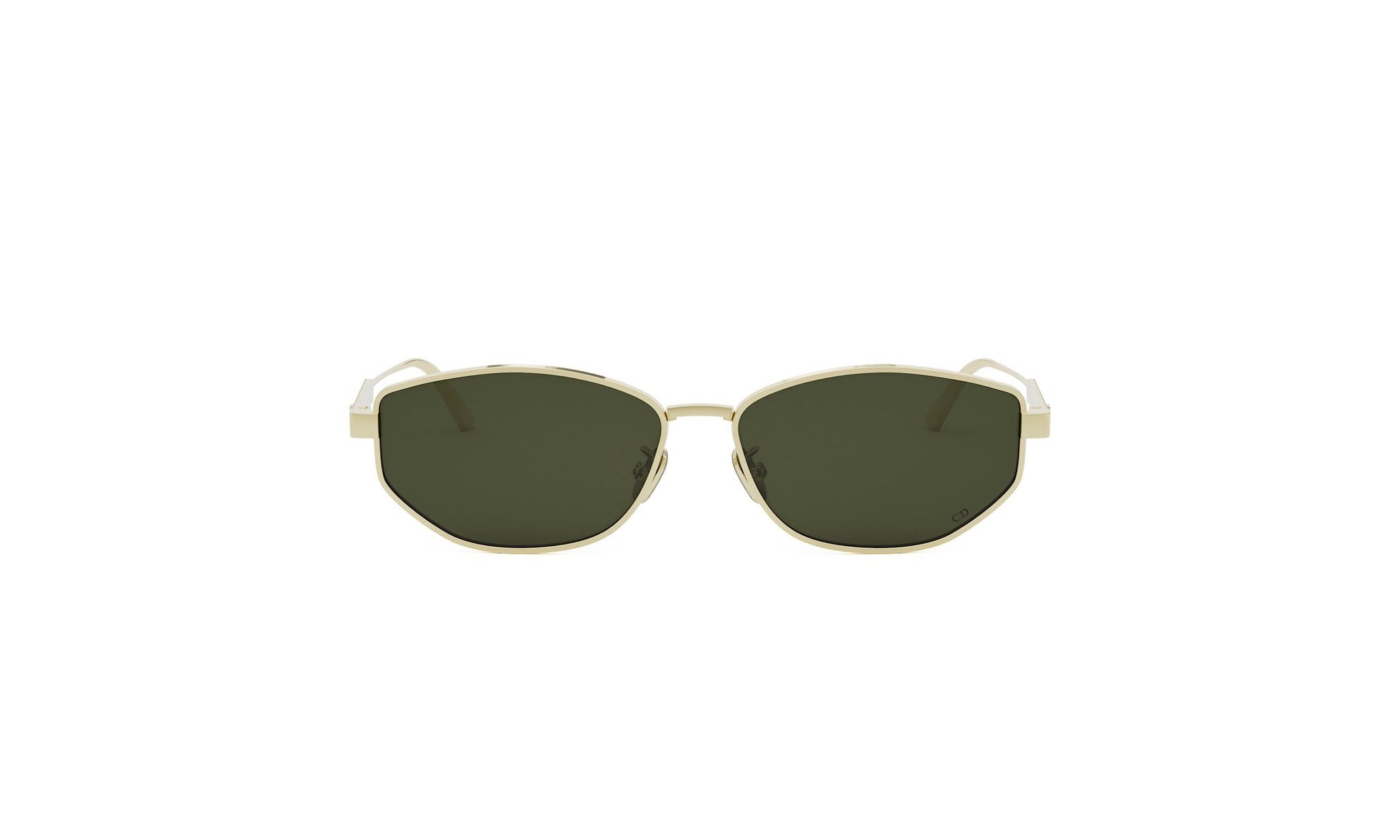 A pair of gold-colored sunglasses with dark green lenses.