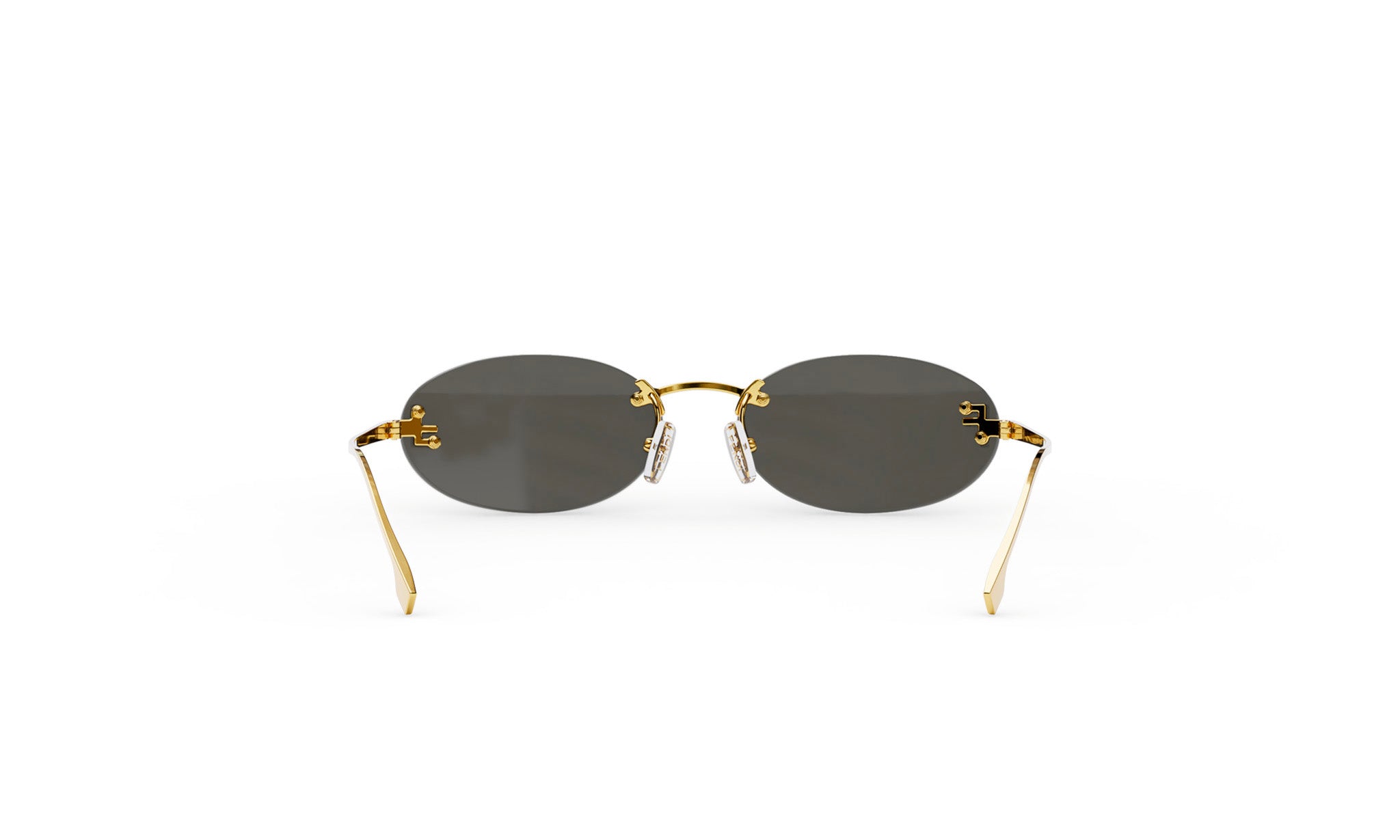 A pair of gold rimmed sunglasses with dark lenses, displayed against a white background.