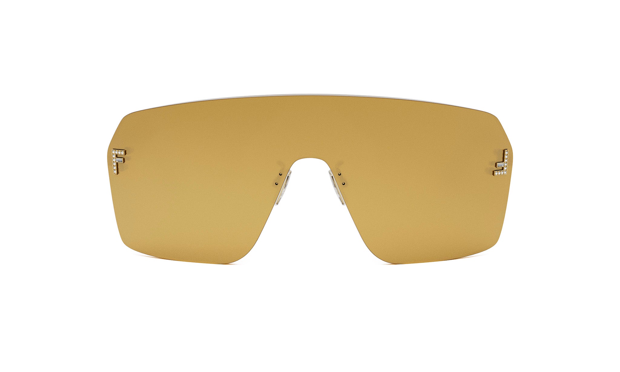 A pair of gold-colored sunglasses with a sleek, modern design.