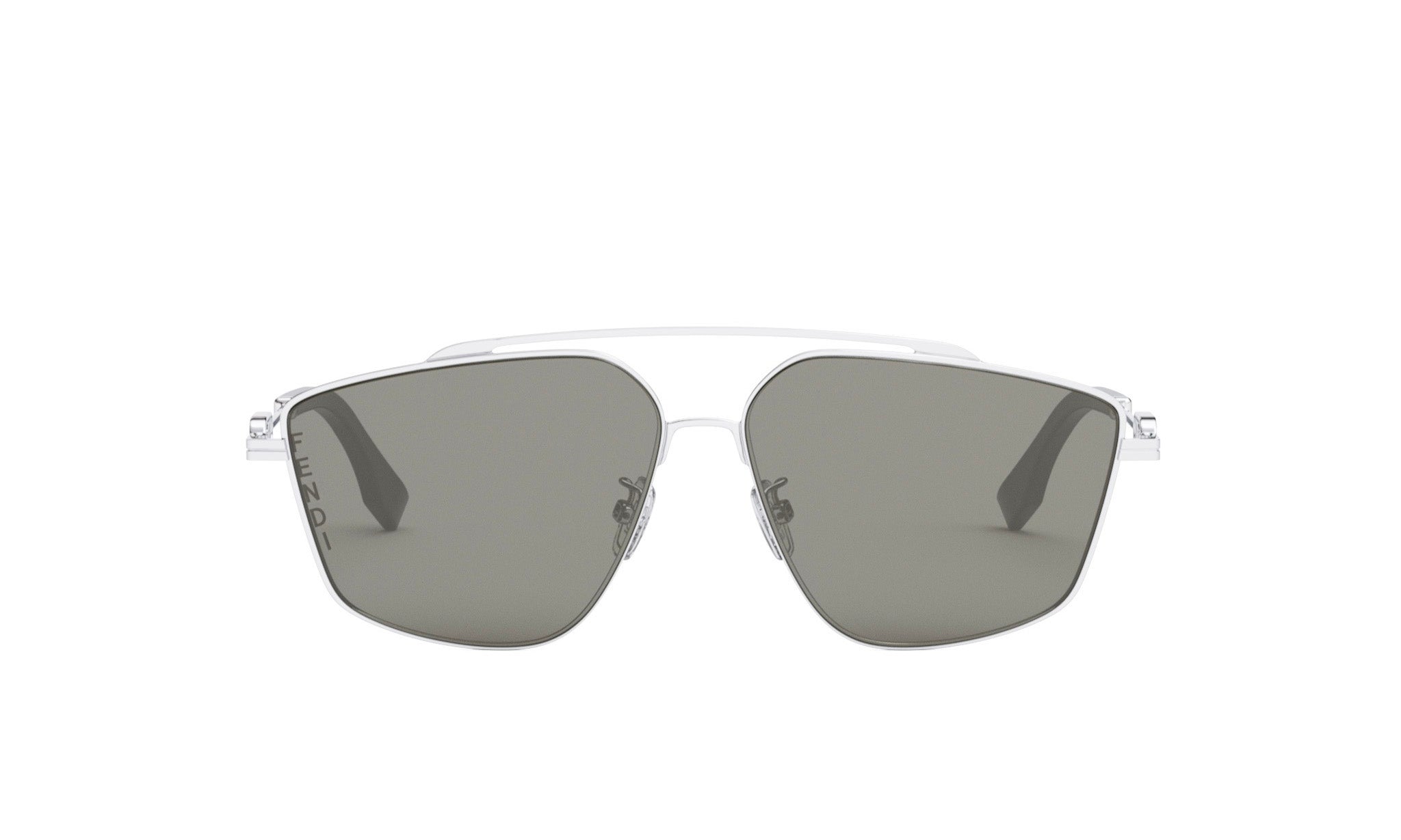 A pair of silver-framed sunglasses with dark lenses.