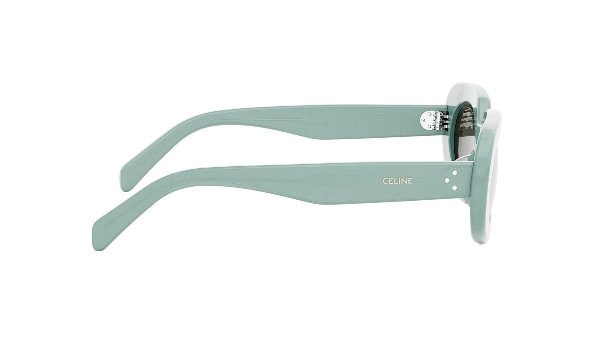 A pair of light green sunglasses with the Celine logo on the frame.
