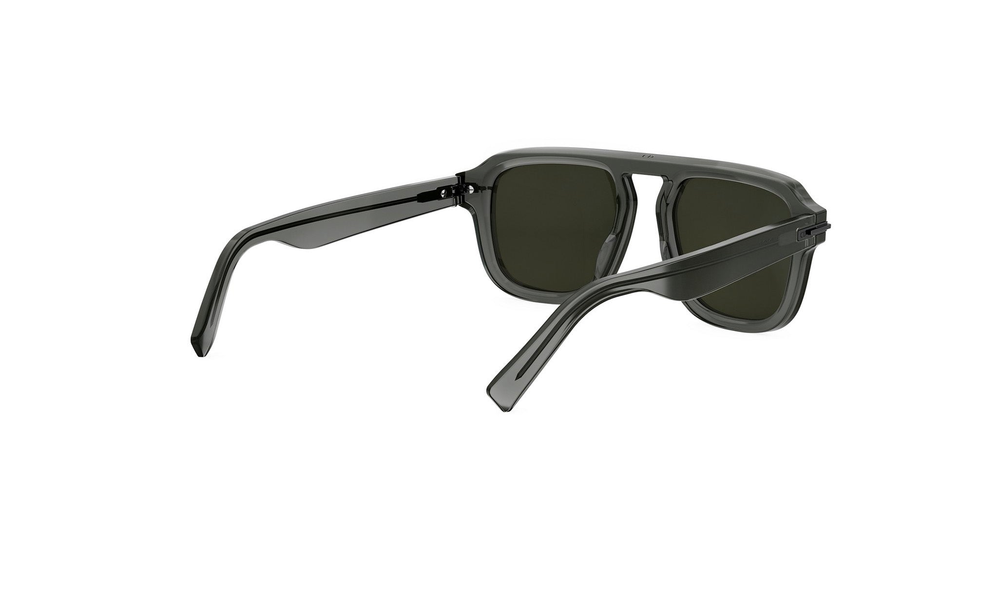 A pair of dark-colored sunglasses with dark lenses.