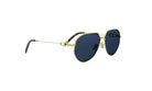 A pair of gold-framed aviator sunglasses with dark blue lenses.