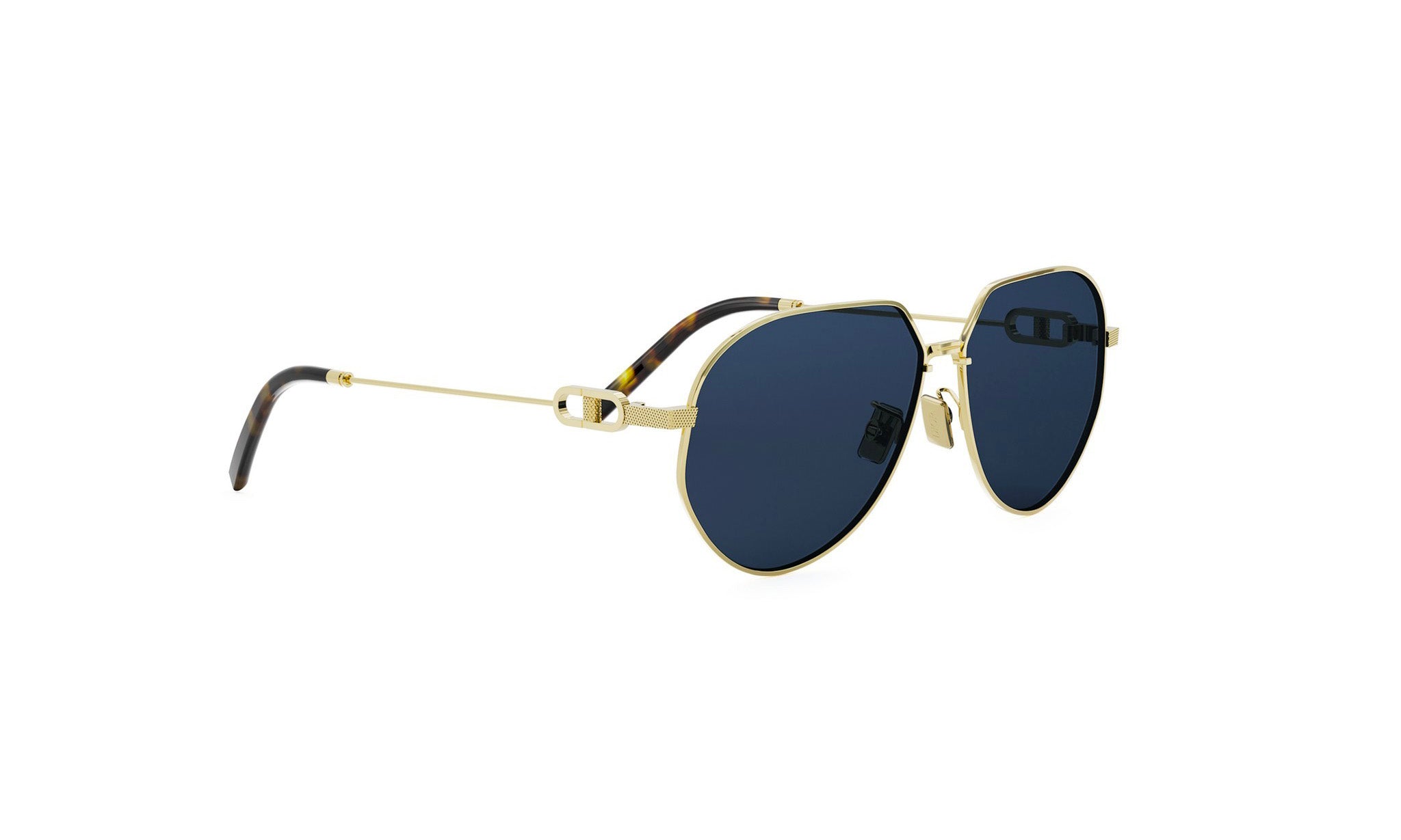 A pair of gold-framed aviator sunglasses with dark blue lenses.