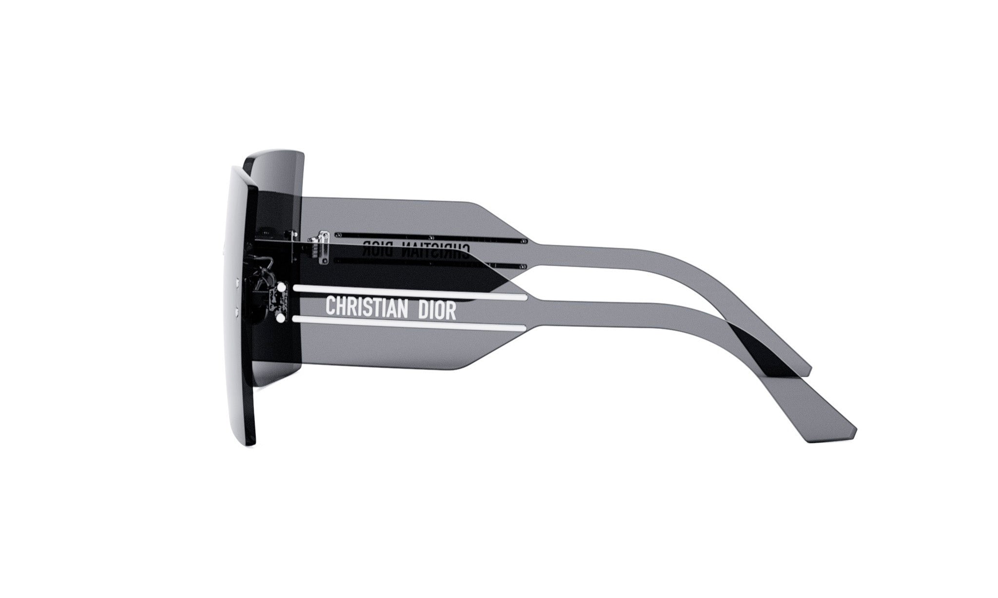 A pair of black sunglasses with the brand name "Christian Dior" printed on them.