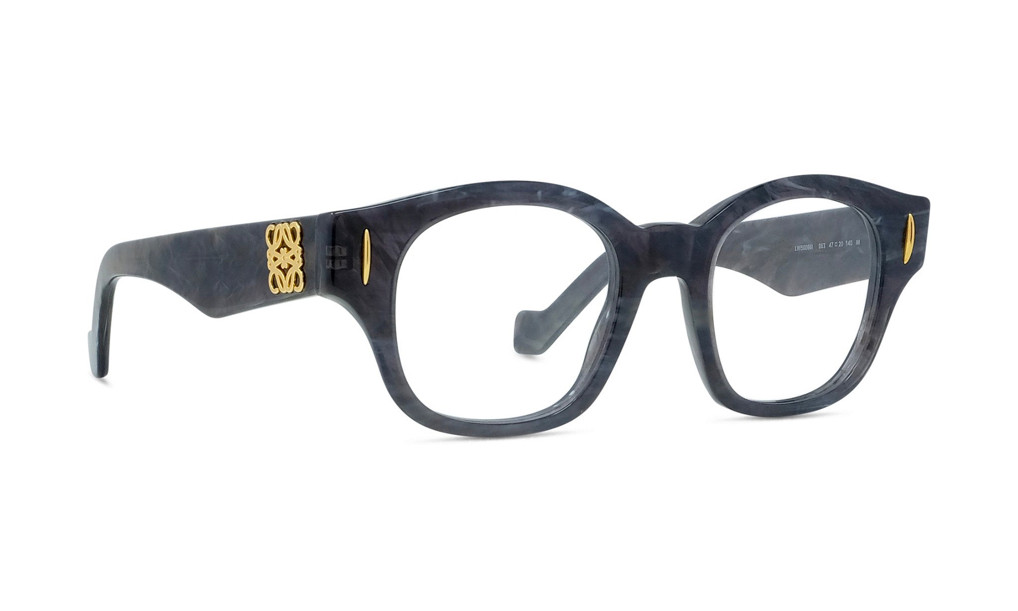 A pair of stylish, black-framed glasses with gold accents, featuring a unique, intricate design on the temples.